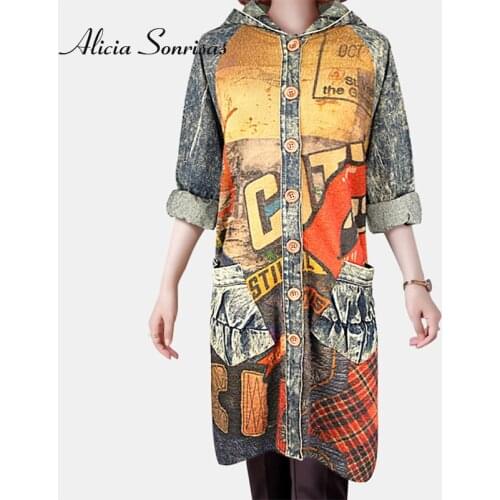 2021 Spring Autumn Fake Marten Hair Spiced Denim Printing Retro Urban Long Sleeve Cardigan Hooded Women Denim Coat