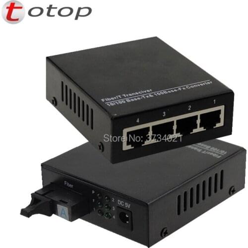 10/100M 1 fiber 4 RJ45 port, Multimode Dual fiber 1310nm,SC,0~2KM, AC 100V-240V, DC 5V 1A, External power supply