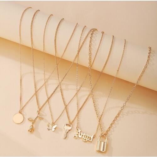 6pcs/set Simple Key Lock Pendants Necklace for Women Gold Color Letter Angel Butterfly Necklace Collar Neck Jewelry Gift