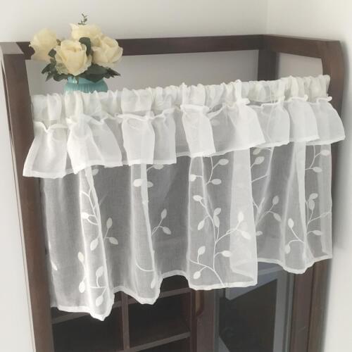 White Small Curtain Simple Leaf Embroidery Coffee Lace Yarn Pure Short Curtain for Bar Kitchen Cabinet Door Childrens Room