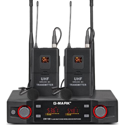 G-MARK EW100 Wireless Lavalier Microphone 2 Channels UHF Professional System With Bodypack Transmitter Adjust Frequency