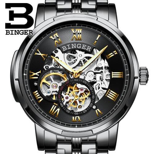 BINGER Watch Men Classic design small seconds hand Automatic Mechanical Black Skeleton Vintage Man Clock Mens Switzerland Watch