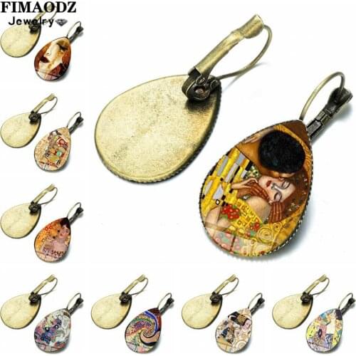 FIMAODZ Retro Gustav Klimt The Kiss Earrings Glass Cabochon Romantic Painting Bronze Dangle Earring for Women Girl Jewelry