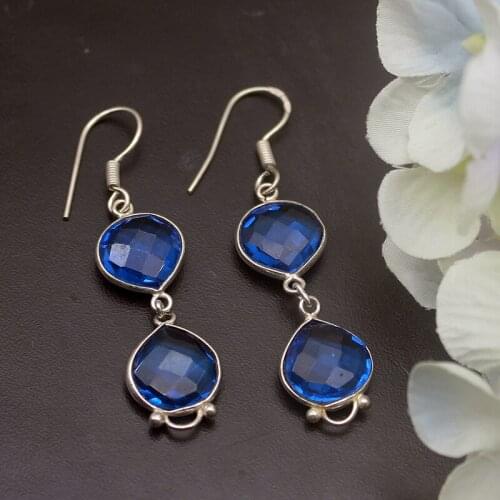 Hermosa Unique Shiny Ocean BlueTopaz Earrings For Women 2 3/8 Inch A843