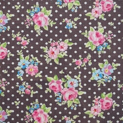 Cotton Linen Fabric for sewing pathwork, bedding - Rose and dot on Deep Brown background (width=140cm)