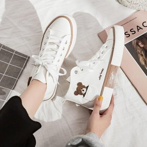 Fashion Women Canvas Shoes High Top Flat Shoes for Women White Black Sneakers Board Shoes Bear Canvas Sneakers Sneakers Women