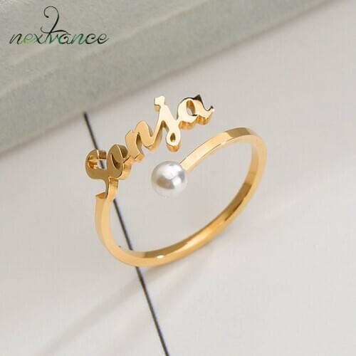 Nextvance New Personalized Name Ring Stainless Steel Custom Adjustable Pearl Stone Opening Rings Name for Woman Anniversary Gift