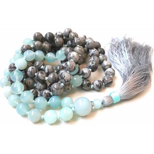 108 MAlA Beads Hand Knotted Necklace Natural Amazonite Mala Bead Jewelry Long Meditation Tassel Necklace Prayer Yoga Jewelry