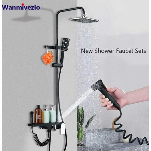 Matte Black Wall Mounted Shower Set Faucet Single Handle with Handshower Shelf Bathroom Shower Mixer Tap Tower Hook Bidet Faucet