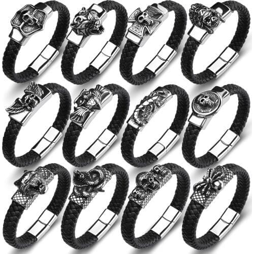 Mens Black Leather Bangles Hip Hop Skull Charm Collocation Trendy Cuff Bracelets For Man 28 Styles Jewelry Gift