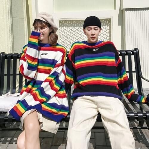 Sweater Men Rainbow Striped Hit Color Mens Pullover Loose High Street Sweaters Fashion Knitted Male Couple Sweaters Streetwear