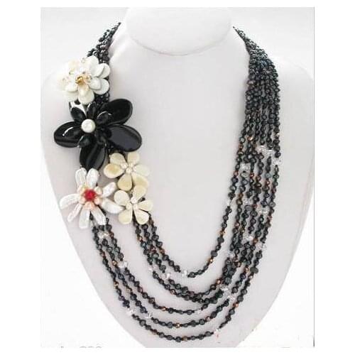 New Handmade Flower Necklace 6 Row 25'' Black Baroque Pearls Faceted Crystal Agate Shell Flower Design Necklace Fashion Jewelry