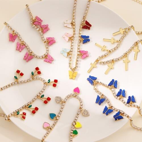 Lost Lady Butterfly Cross Cherry Heart Pendants Necklace for Women Rhinestone Crystal Chain Chokers Necklace Jewelry Wholesale