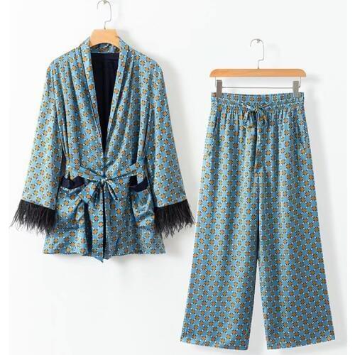 Women Set Spring Fashion Blue Printed Kimono Jacket With Feather Sleeves Wide Leg Pants Two Piece Vintage Elegant Ladies Suits