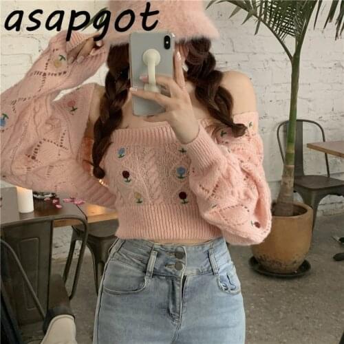 Sexy Camisole Tops Gentle Sweet Girls Short Outfits Pink V Neck Sweaters Floral Embroidery Knitted Jacket 2piece Set Fashion
