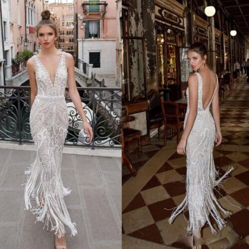 Beach Wedding Dresses Beads Lace Appliqued Backless Plunging Neckline Vintage Bridal Gowns Ankle Length