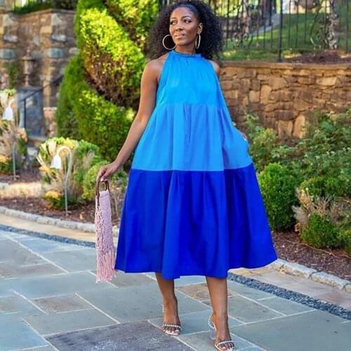 Casual African Dresses For Women Fashion White Blue Stitching Ruched Loose Sleeveless Dress Summer Ruffled Midi Sundress Vestido