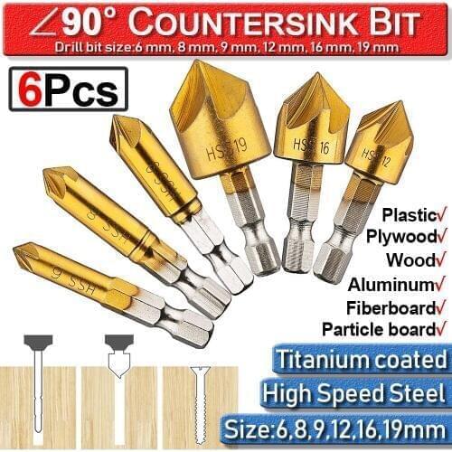 Cutter Countersink Bit Metal Countersink Drill Bit 6-19mm Wood Working 6Pc Chamfer Screw Hole 1/4" Hex 5 Flutes Tool Accessories