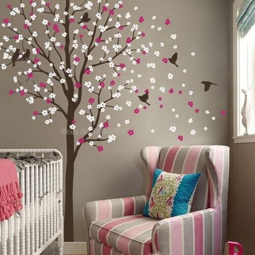 Cherry Blossom Tree With Birds Wall Decal For Nursery Vinyl Self Adhesive Wall Stickers Flower Tree Home Decor Bedroom LL2371