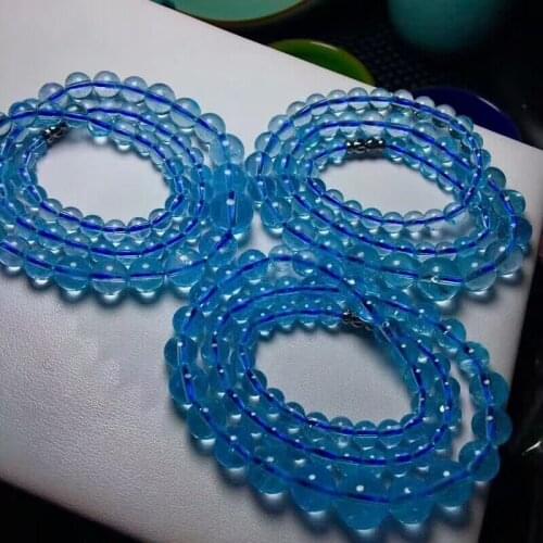 Top Quallllity Natural Blue Topaz Necklace Crystal Clear Round Beads 6-12mm Woman Gemstone Long Chain AAAAAA Certficate