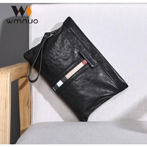 Wmnuo Mens Clutch Bags Cow Real Leather Plaid Striped Big Soft Hand Bag For Male Korean Wallets Clip Envelope Bag Zipper Black