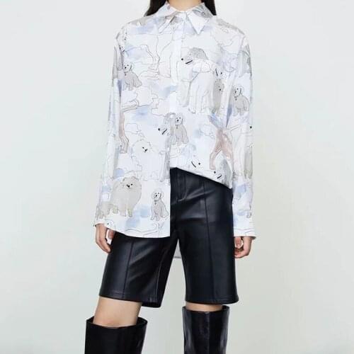 Women 2020 Fashion Animal Cartoon Pattern Shirt Female Asymmetry Hem Blusas Loose Lapel Long Sleeve Chic Top