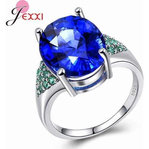 Charm Oval Blue Zircon Wedding Ring 925 Sterling Silver Finger Ring for Women Wedding Engagement Fashion Jewelry