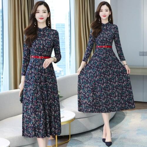 4XL Plus Size Autumn Winter Long Sleeve Dress 2021 Vintage Print Boho Casual Midi Dress Elegant Women Bodycon Party Maxi Vestido