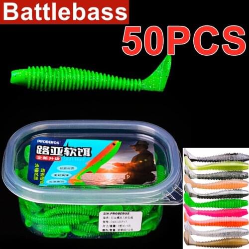 50Pcs/Lot Soft Lures Isca Pesca Silicone Worm Grub Bait Jig Wobbler Swimbait 60/75mm Shad Spiral T Tail Lure Pike Fishing Tackle