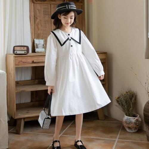 White Black Midi School Dress For Girl Casual Girls Dresses Teen Kids 100% Cotton Dress Children 2021 Autumn Spring Clothing