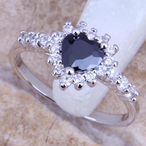 Precious Black Cubic Zirconia White CZ Silver Plated Womens Jewelry Ring Size 6 / 7 / 8 / 9 R0665