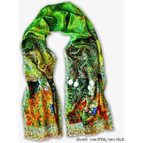 Galiga 100% Bursa Silk Scarf Klimt Nature Patch Artwork Wrap Women Fashion Hijab Flowered Green Female Made In Turkey 165x45 CM