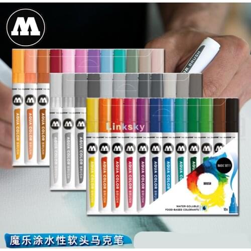 Molotow Aqua Twin Marker Set, Brush and Chisel Nib, Assorted Colors, 12 Marker Set, for Graphic Design, Watercolor and Graffiti