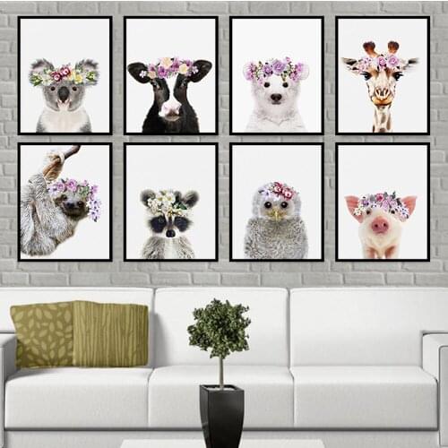 Set of 8 Print Minimalist Baby Pig With Flower Crowns Pictures Nursery Sloth Raccoon Cute Owl Griaffe No Frame Wall Painting