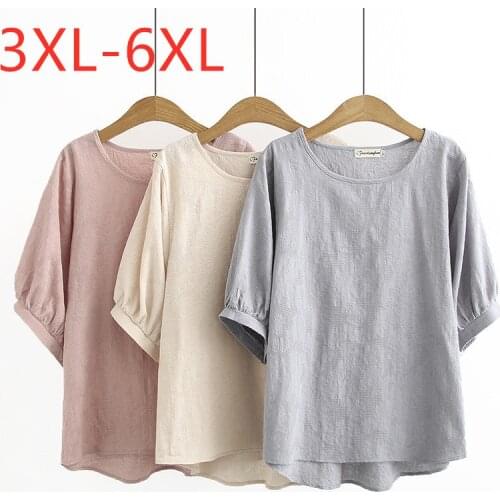 New 2021 summer plus size tops for women large loose short sleeve cotton O neck jacquard weave T-shirt gray pink 3XL 4XL 5XL 6XL