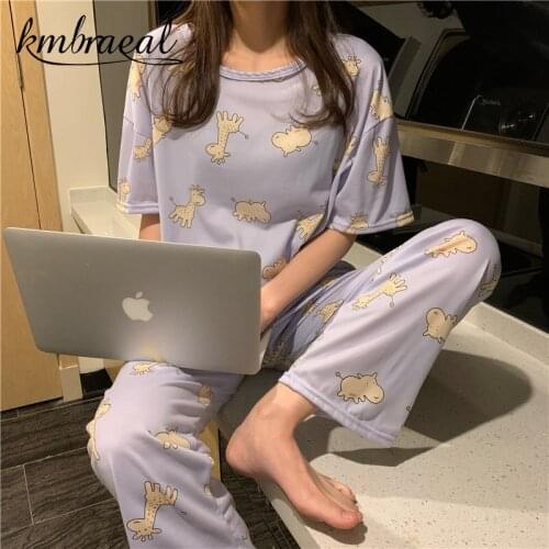 Pajamas Set Women Cute Cartoon Print Summer Girls Short Sleeve Trousers Loose Casual Sleepwear T-Shirts and Shorts Pjs Homewear