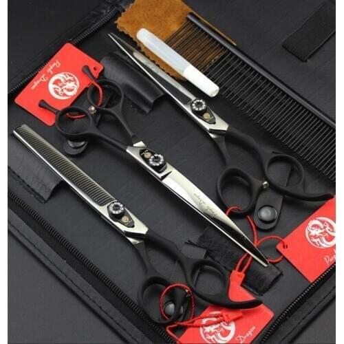Purple Dragon 7Inch Black Pet Grooming Scissors Set Professional Dog Shears Hair Cutting +Curved+ Thinning Scissor With Comb Bag