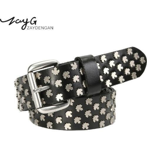 ZAYG Genuine Leather Cowboy Belt Buckle Vintage Metal Rivet Punk Belts for Men/women Rock Jeans Belt Woman harajuku black belt