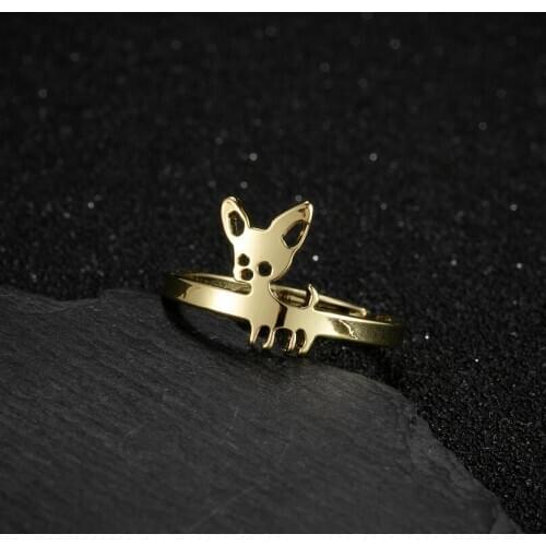 Shuangshuo Lovely Chihuahua Finger Rings Statement Jewelry for Women Adjustable Animal Shape Stainless Steel Ring Party Gift