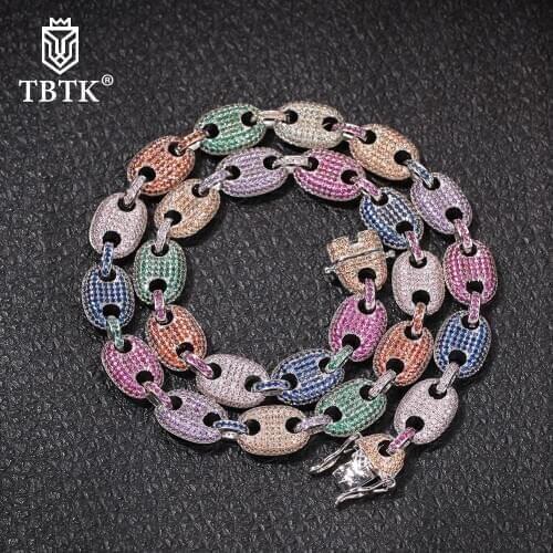 TBTK Wholesale Trendy 13mm Width Puffed Marine Iced Out Chain Male Fat Link Choker Hiphop Clear Colar CZ Jewelry Punk Necklace