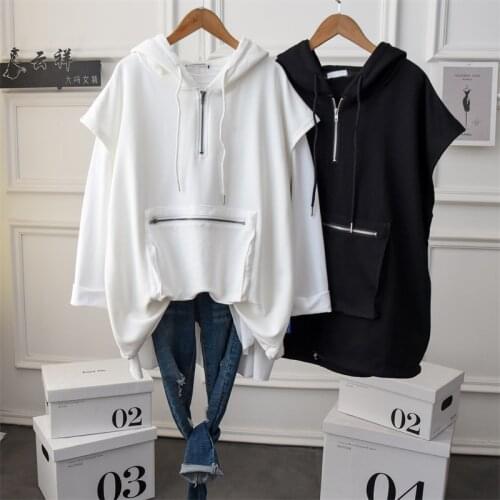 Fashion Women Oversize Tank Hoodies 2021 Fall Large Size Half Zip Up Hooded Sweatshirt Sleeveless High Street
