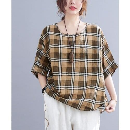 Thin Soft Cotton Loose Cozy Summer T Shirts Fashion Plaid Womens Tops Casual T Shirt Plus Size Lad Vintage Tees Shirts