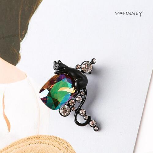 Vanssey Vintage Animal Black Cat Iridescent Handmade Glass Rhinestone Brass Brooch Pin Accessories for Women 2018 New