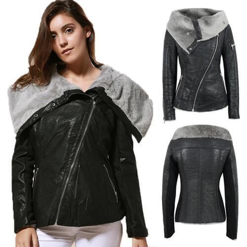 Women Leather Jacket Short PU Ladies Motorcycle Jacket Plush Thick Asymmetrical Zipper Warm Slim Coat Female Winter New Tops