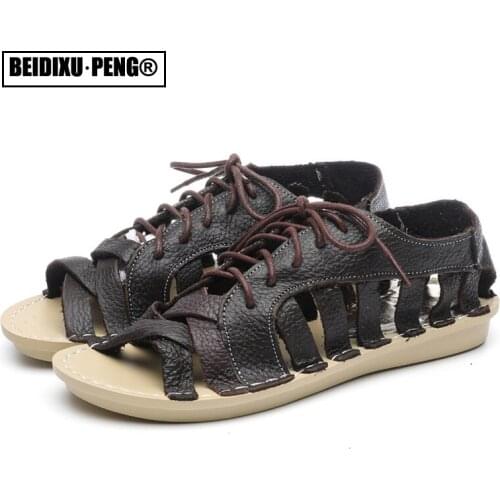 2021 Summer Genuine Leather Women Gladiator Sandals Ladies Handmade Hollow Out Retro Lace-up Flat Open Toe Casual Roma Shoes New