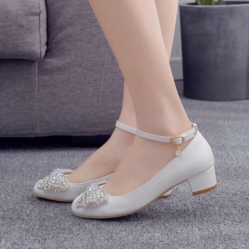 Fashion Sweet White Flower Rhinestone Bridesmaid Dress Shoes Women Shallow Mouth Wedding Pumps Shoes Square High Heels H0082