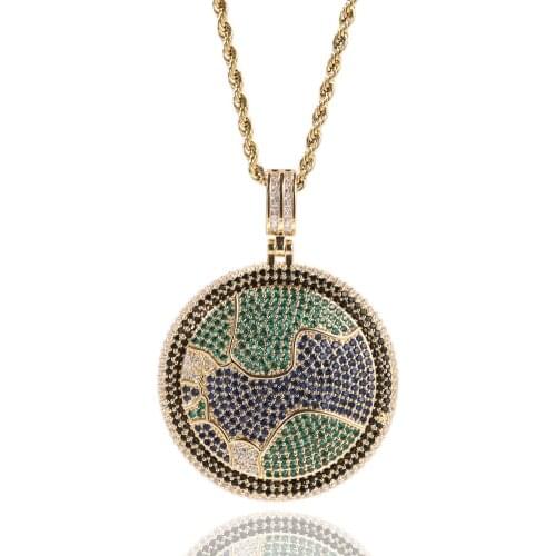 Hip Hop Rock Rotatable Earth Map Round Pendant Necklace Women Rapper Jewelry