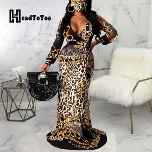 Leopard Chain Print Knotted Sashes Sexy Party Woman Dress Long Sleeve V Neck Floor Length Skinny High Waist Woman Dress