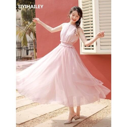 TIYIHAILEY Free Shipping 2020 Long Maxi Summer Women Chiffon Gauze Boshow S-L Sleeveless White Pink O-Neck Dresses High Waist