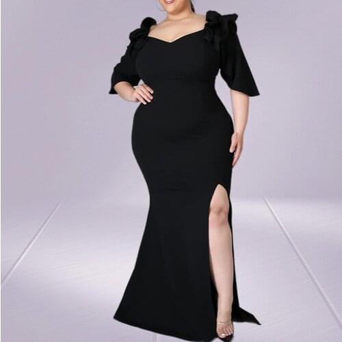 Plus Size 5XL Party Dresses for Women Solid Puff Sleeve Floor Length High Waist Elegant Lady Maxi Dress Wholesale Dropshipping